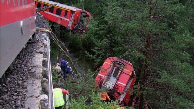 Derailed passenger train near Tiefencastel, Switzerland