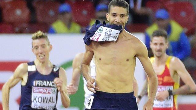 French steeplechaser Mahiedine Mekhissi-Benabbad removes his vest