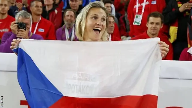 Barbora Spotakova of Czech Republic celebrates