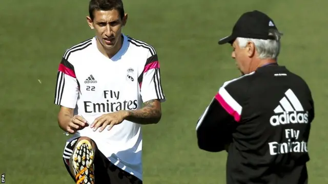 Angel di Maria and Carlo Ancelotti of Real Madrid