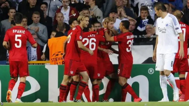 Bayer Leverkusen celebrate scoring in Denmark