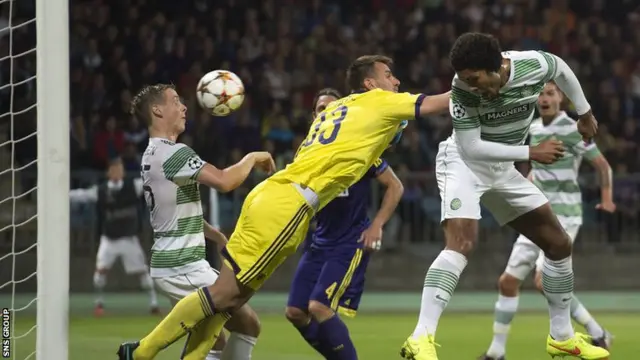 Celtic's Virgil van Dijk is denied a goal by team-mate Stefan Johansen's accidental block.