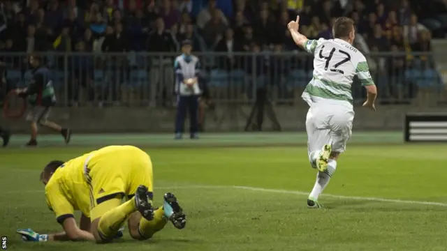 Callum McGregor celebrates after scoring for Celtic against NK Maribor