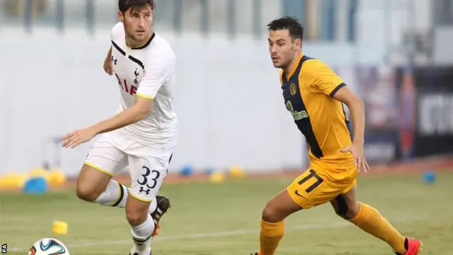 Ben Davies of Tottenham in action against Adrian Sardinero of AEL during the UEFA Europa League play off first leg