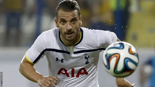 Roberto Soldado from Tottenham Hotspur watches the ball