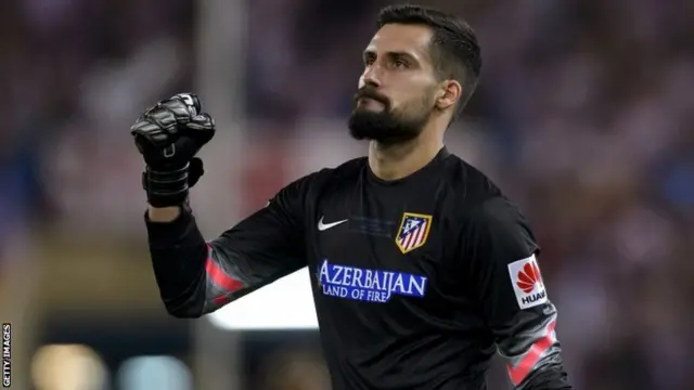 Atletico Madrid's goalkeeper Angel Moya reacts during the Spanish Supercup