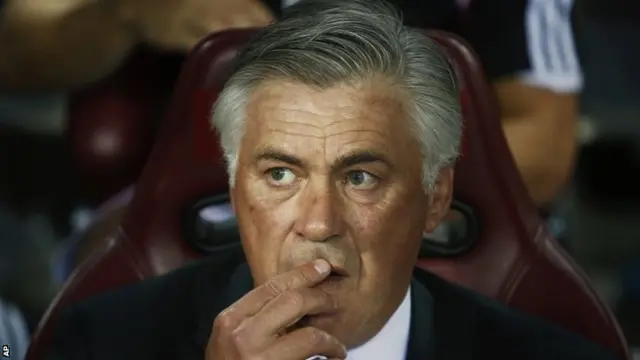 Real's coach Carlo Ancelotti, gestures during a Spanish Supercup second leg