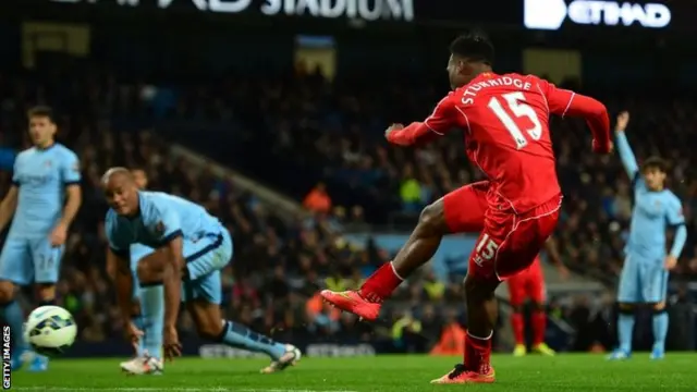 Daniel Sturridge shoots to score but the goal was disallowed