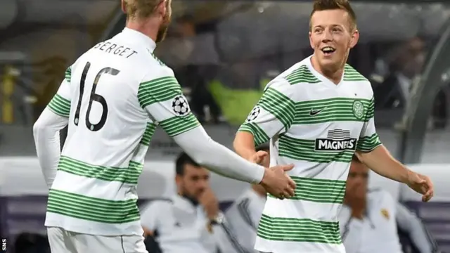 Callum McGregor (right) is hailed by Jo Inge Berget after opening the scoring for Celtic against Maribor