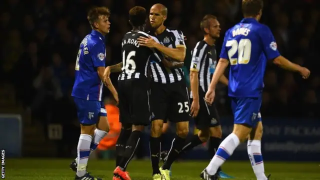 Gabriel Obertan of Newcastle celebrates the first goal