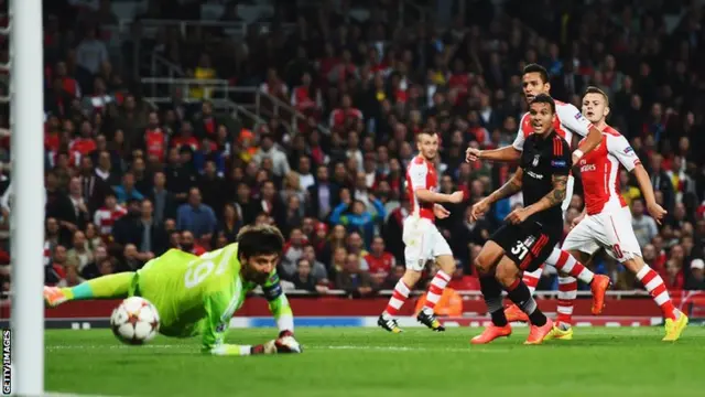 Alexis Sanchez scores Arsenal's first goal against Besiktas