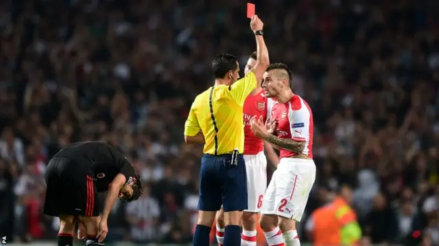 Mathieu Debuchy is sent off for Arsenal