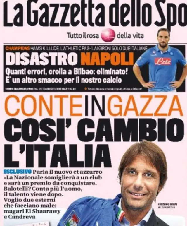 Gazzetto dello sport back page with Antonio Conte on it