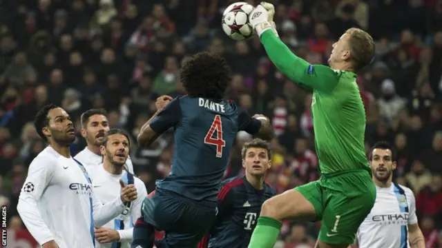 Bayern Munich take on Manchester City and Joe Hart punches a ball