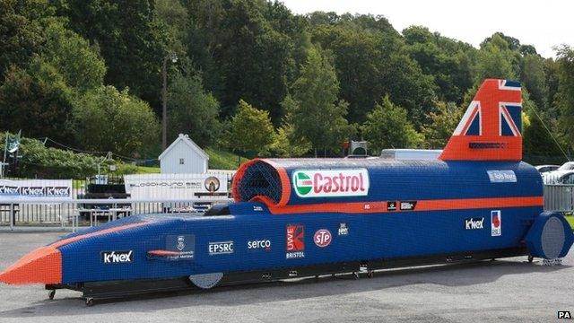 Life-sized replica of the Bloodhound supersonic car made from K'NEX toy pieces