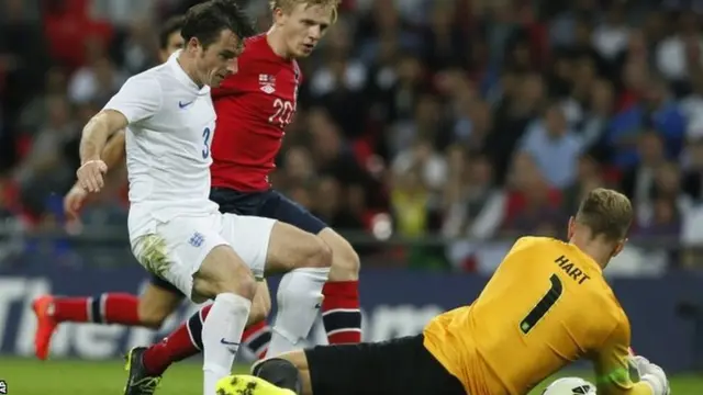 Joe Hart makes a save as Mats Daehli looks on