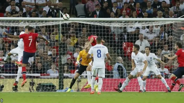 Norway's Joshua King, heads the ball towards the goal