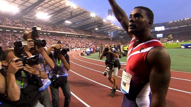 Justin Gatlin celebrates winning the 100m at the Diamond League in Brussels