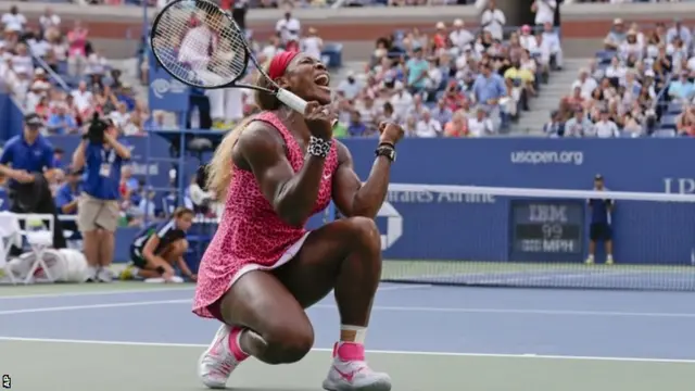 Serena Williams, reacts after defeating Ekaterina Makarova, of Russia