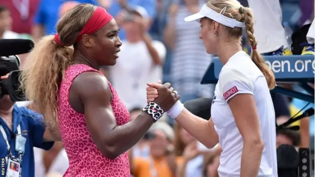 USA; Serena Williams, left, shakes hands with Ekaterina Makarova