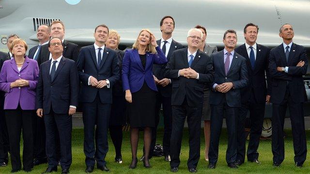 World leaders look on during a flypast by Nato aircraft at Newport's Celtic Manor Resort during the Wales Nato Summit 2014