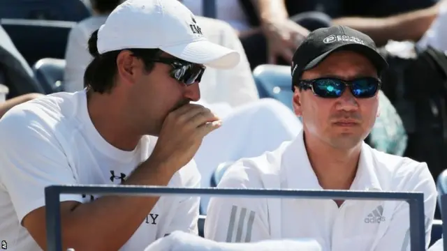 Michael Chang, right, coach of Kei Nishikori, of Japan, watches