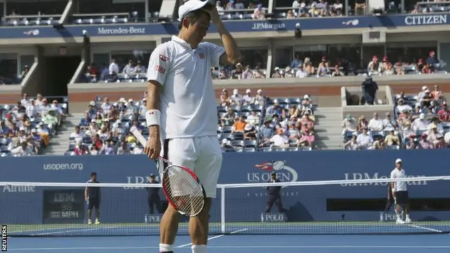 Kei Nishikori of Japan reacts after a missed point