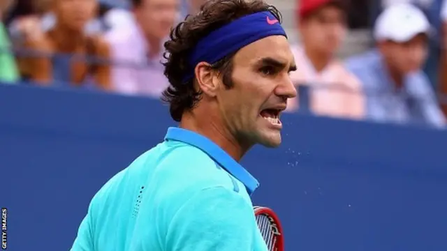 Roger Federer of Switzerland reacts after breaking his opponent