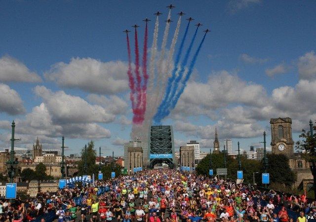 Red Arrows flying over Tyne Bridge during Great North Run