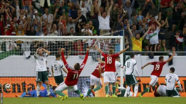 Oliver Norwood of Northern Ireland reacts after a goal of Tamas Priskin of Hungary