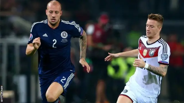 Alan Hutton of Scotland is chased Marco Reus