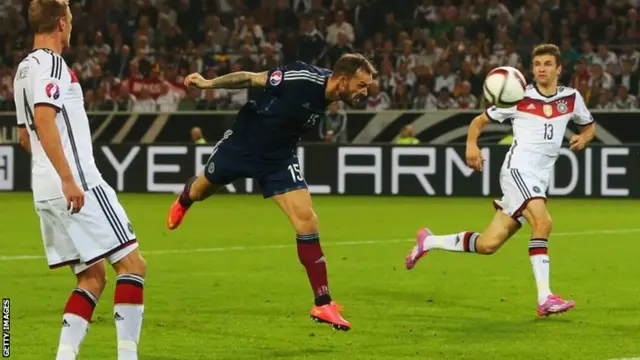 Steven Fletcher of Scotland heads at the Germany goal