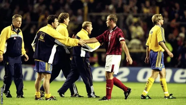 Alan Shearer congratulates Sweden on their win in 1998