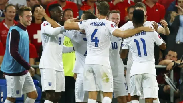 England celebrate scoring in Basel