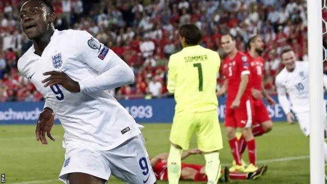 Danny Welbeck celebrates scoring for England