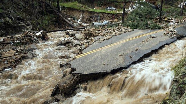 A flood-damaged road in Boulder County. Colorado, in September 2013