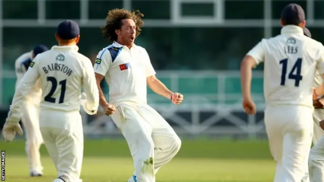 Ryan Sidebottom celebrates taking a wicket