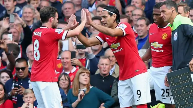 Manchester United striker Radamel Falcao comes on for Juan Mata