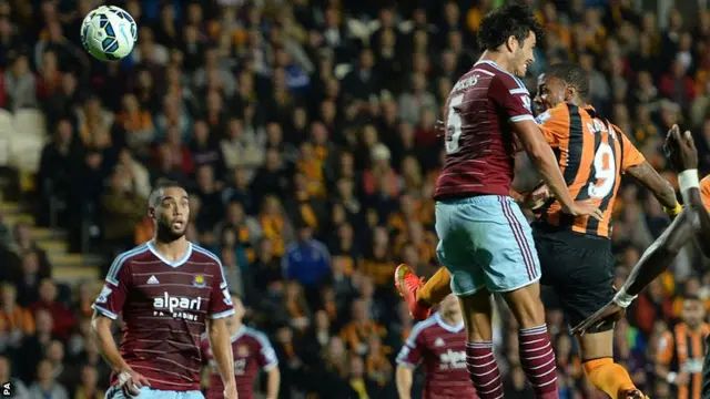 Abel Hernandez heads Hull in front against West Ham