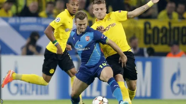 Dortmund's Ciro Immobile and Arsenal's Jack Wilshere challenge for the ball