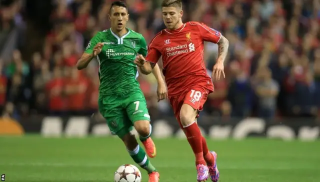 Alberto Moreno and Ludogorets' Mihail Aleksandrov Ivanov in action