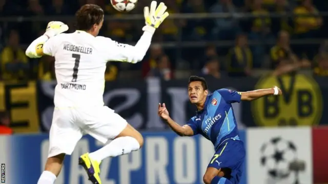 Borussia Dortmund's goalkeeper Roman Weidenfeller saves a shot from Arsenal's Alexis Sanchez