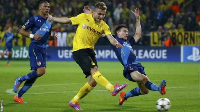 Borussia Dortmund's Ciro Immobile scores a goal past Arsenal's Laurent Koscielny