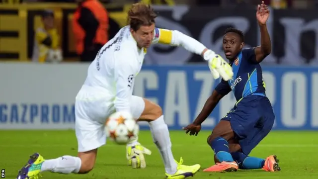 Arsenal's Danny Welbeck has a shot past the goal keeper which goes wide of the post