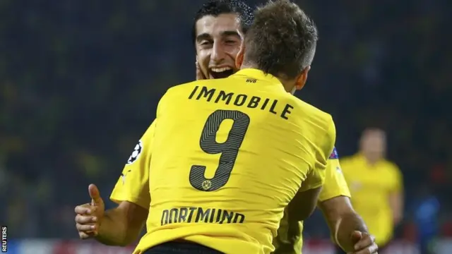 Borussia Dortmund's Ciro Immobile celebrates with his team mate Henrikh Mkhitaryan