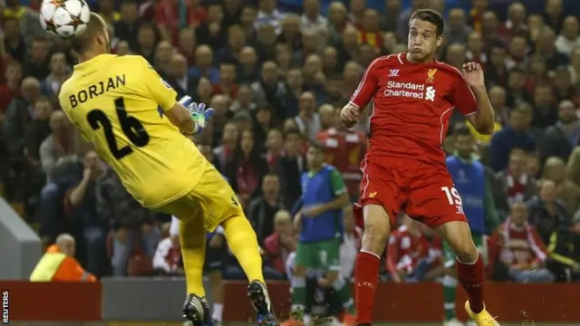 Liverpool"s Javi Manquillo shoots past Ludogorets' goalkeeper Milan Borjan