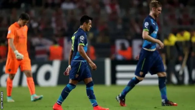 Wojciech Szczesny, Alexis Sanchez and Per Mertesacker of Arsenal walk off looking dejected