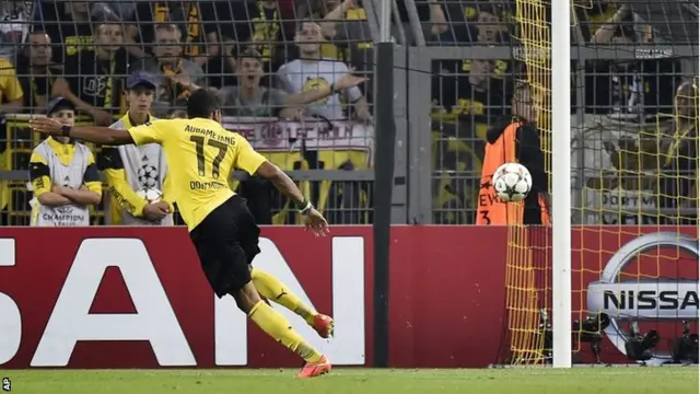 Dortmund"s Pierre-Emerick Aubameyang scores his side's second goal