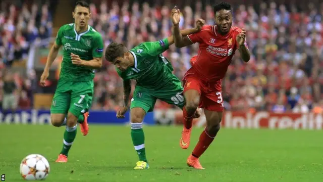 Raheem Sterling and Ludogorets' Junior Caicara battle for the ball