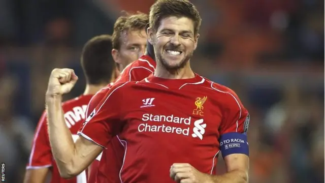 Liverpool's Steven Gerrard celebrates after scoring a penalty